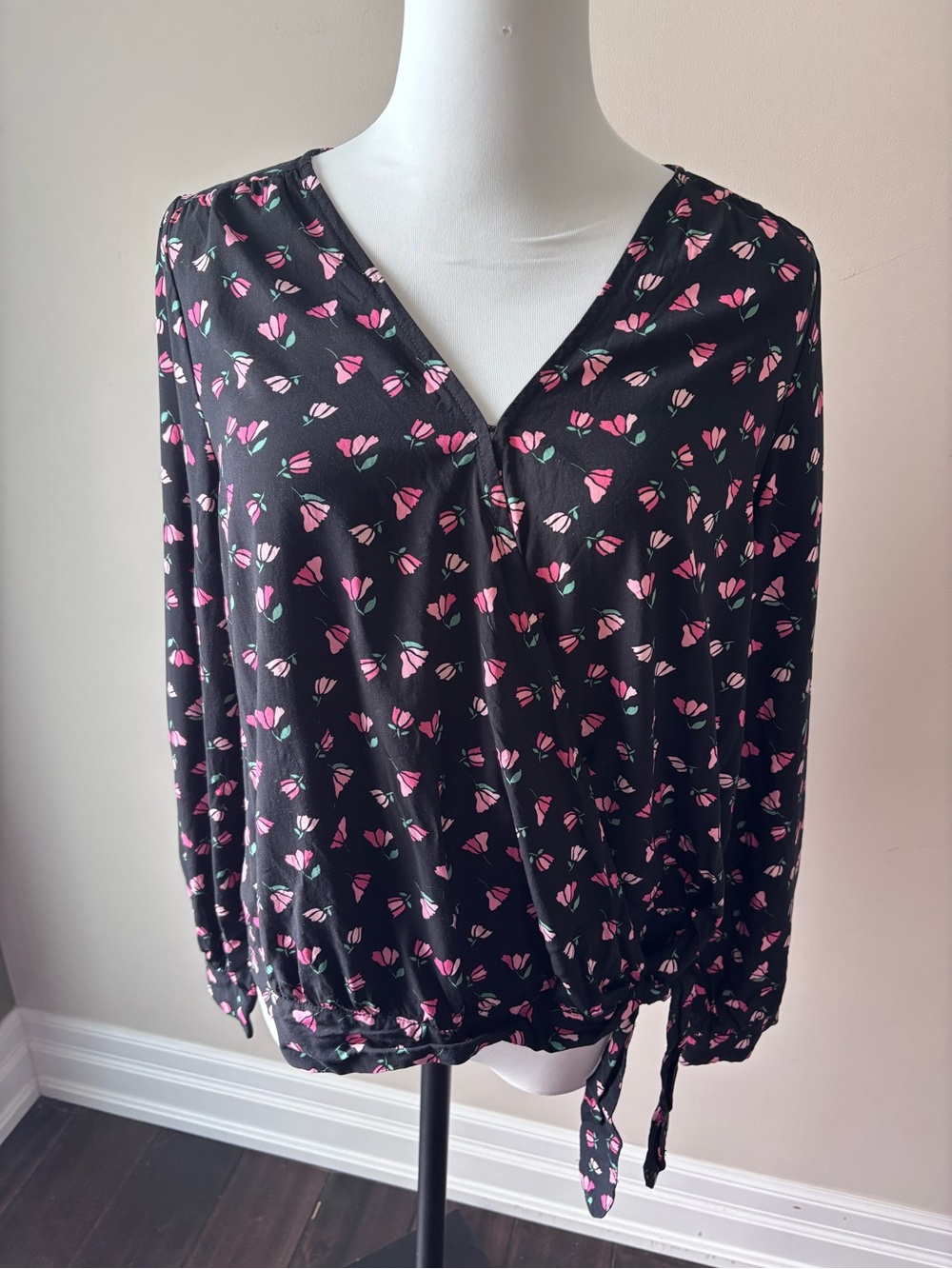 Ricki's Black Wrap Blouse with Pink Floral Print